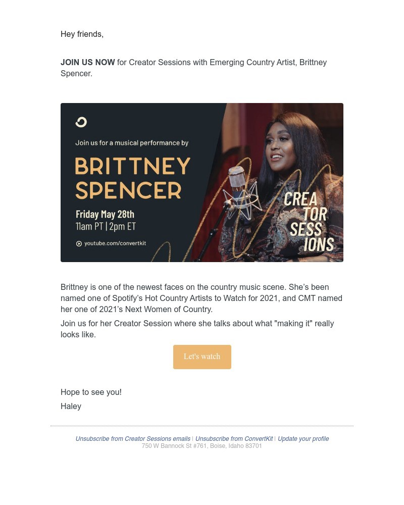 ConvertKit - 🎤 STARTING NOW: Emerging Country Artist, Brittney Spencer on Creator Sessions
