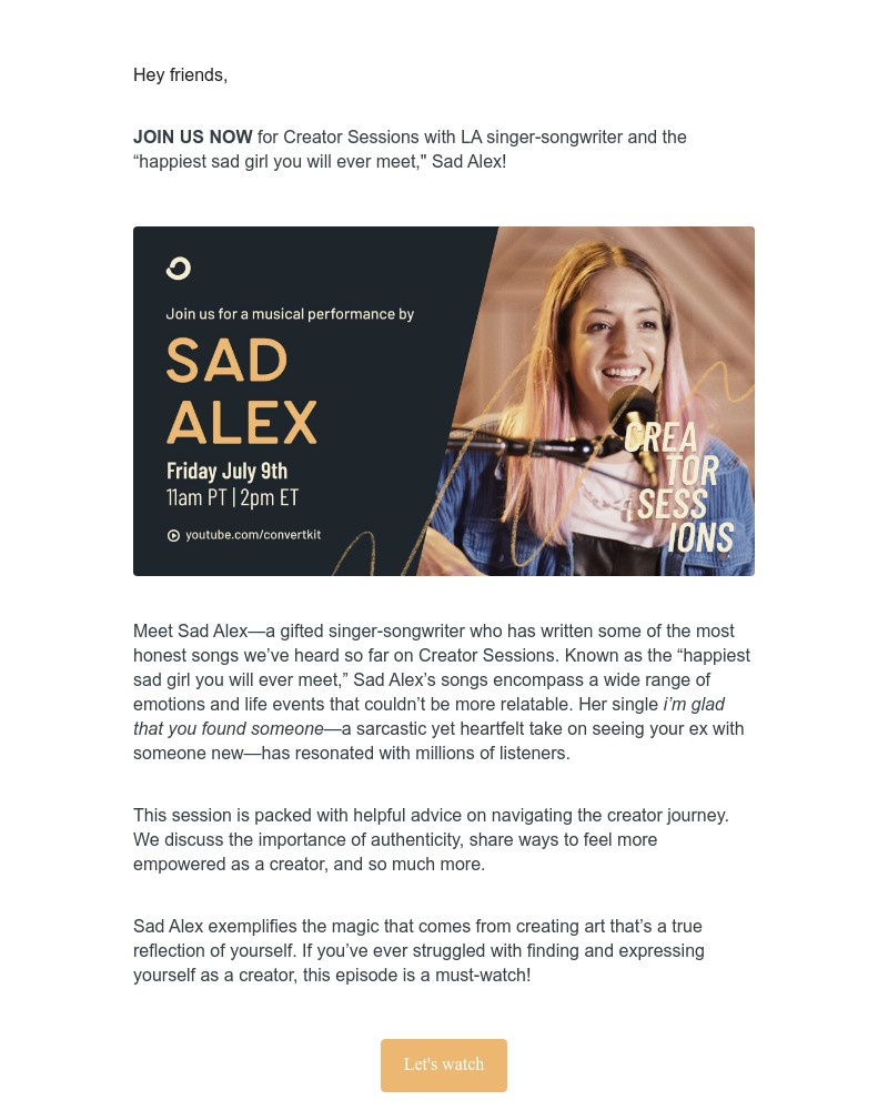 ConvertKit - 🎤 STARTING NOW: LA singer-songwriter, Sad Alex on Creator Sessions
