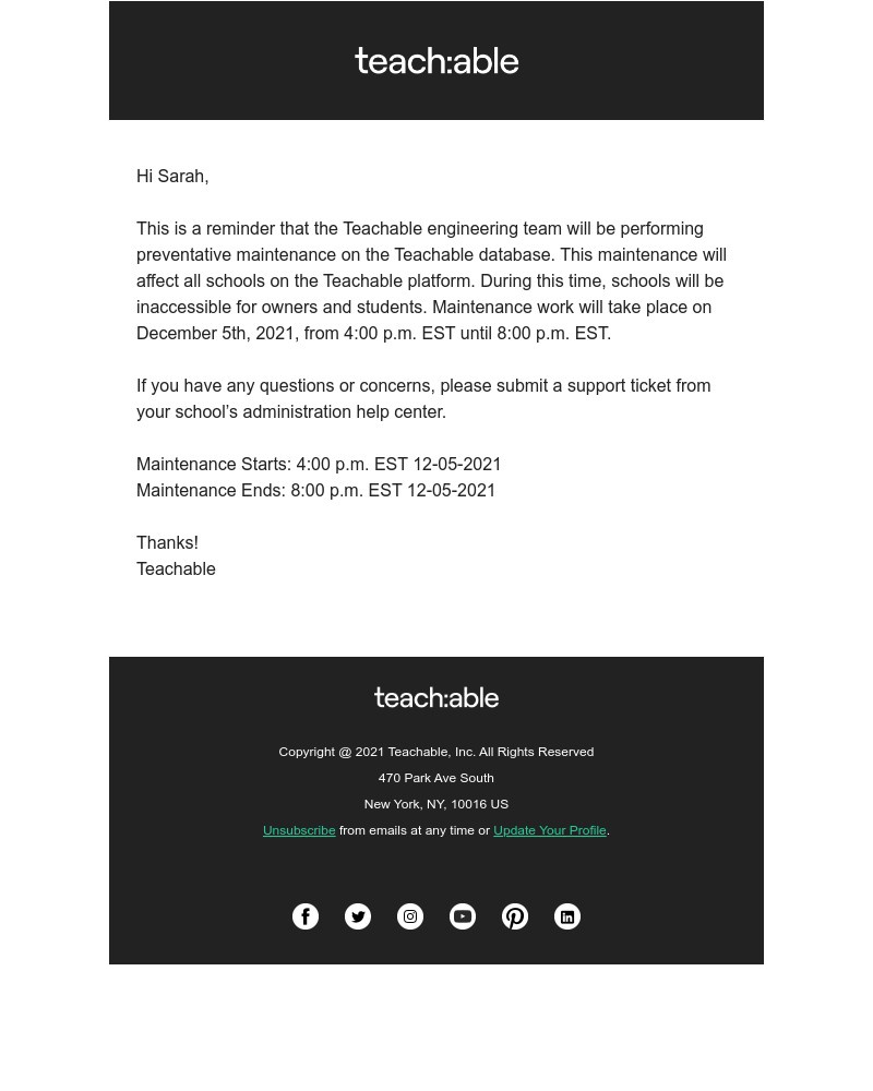Teachable - Teachable Downtime - Scheduled Maintenance Reminder