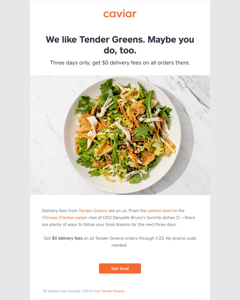 - Tender Greens + $0 delivery fee = double good