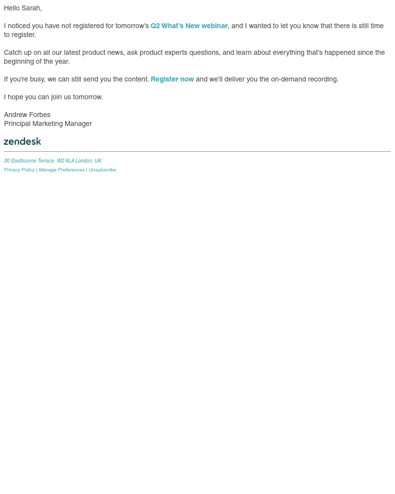 Zendesk - There’s still time to register for tomorrow’s What’s New webinar