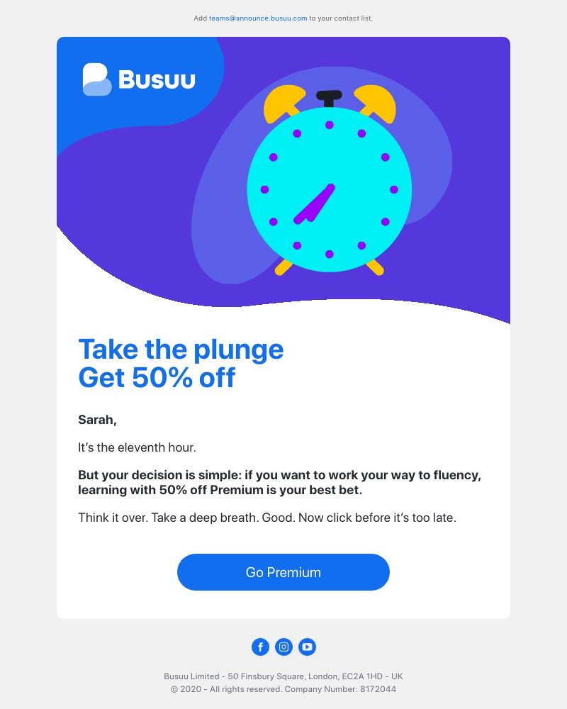 Busuu - 🕰️ Tick-tock 🕰️ 50% off Premium ends tonight – the time for action is now     