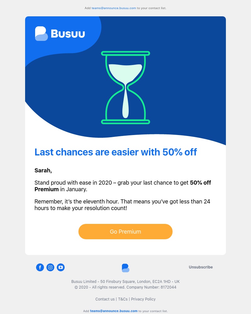 Busuu - Tick tock, goes the clock 🕘 Final call for 50% off ends at midnight     