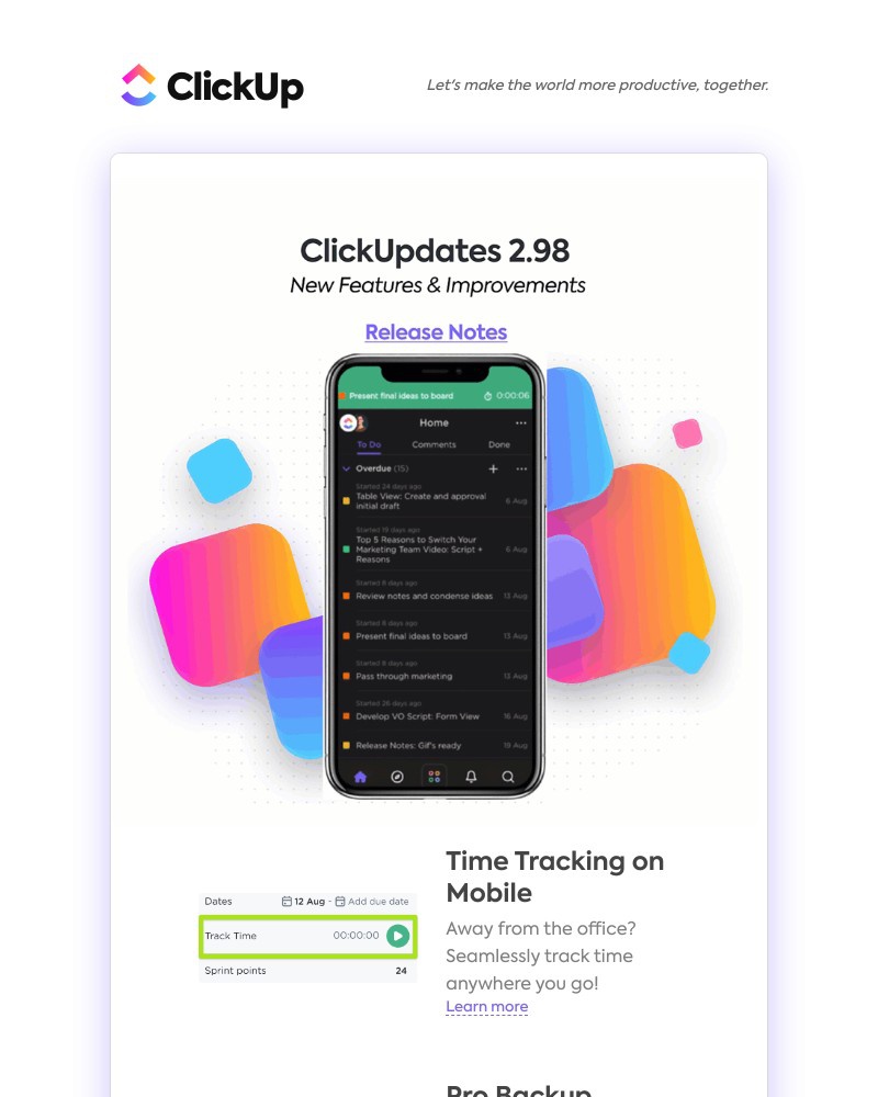 ClickUp - Time Tracking on Mobile, Pro Backup Integration, ➕ more!