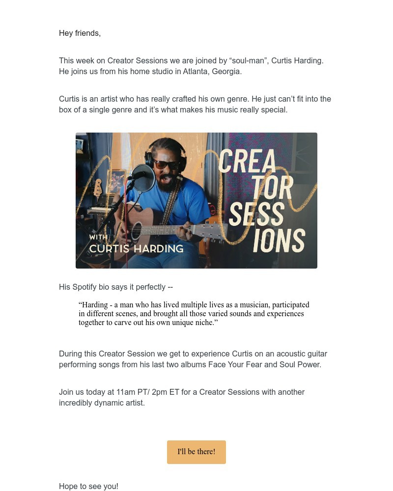 ConvertKit - TODAY : 🎤 🎤  Curtis Harding, a genuine "soul-man", performs on Creator Sessions.