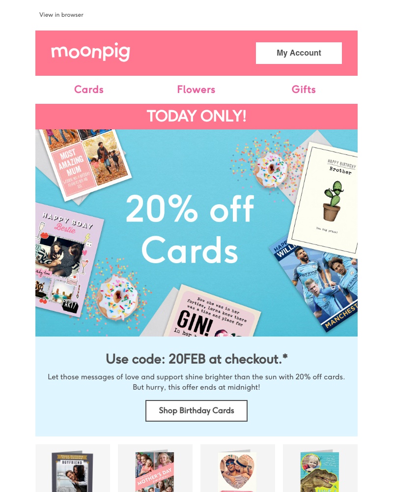 Moonpig - Today Only - 20% off cards!