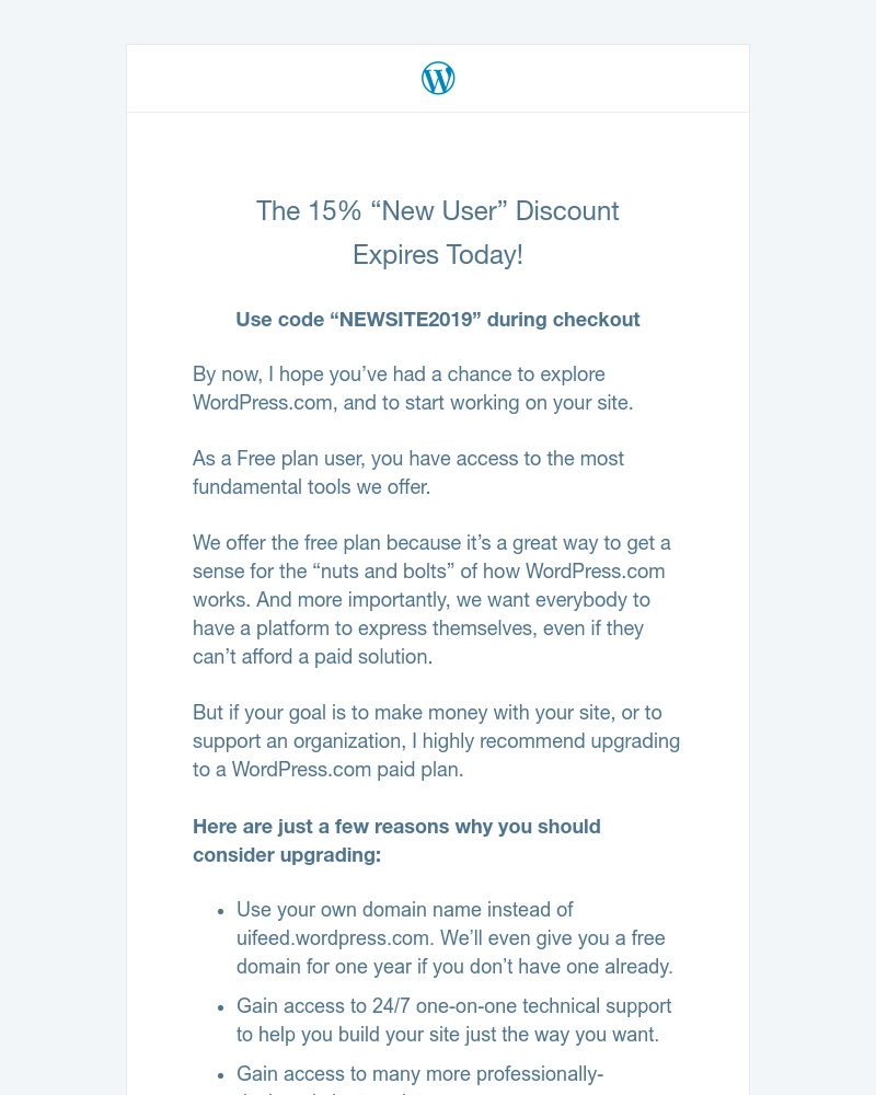 WordPress - Today’s the final day to save 15% on upgrades for your site
