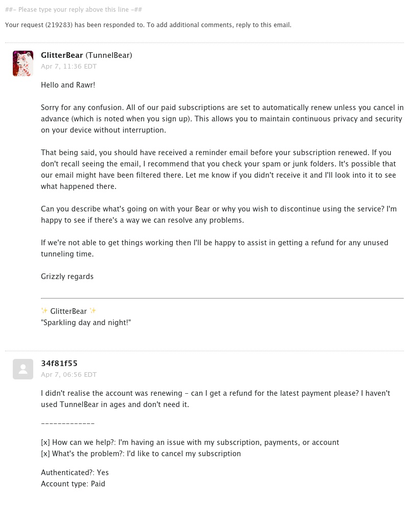  - [TunnelBear] Re: [TB] I didn't realise the account was renewing -