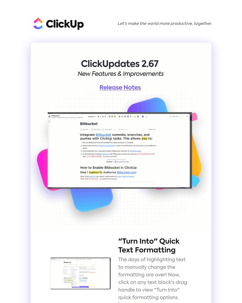 ClickUp - "Turn Into" Quick Text Formatting, Bitbucket Server Integration,  See Who Resolved an Assigned Comment ➕ more!