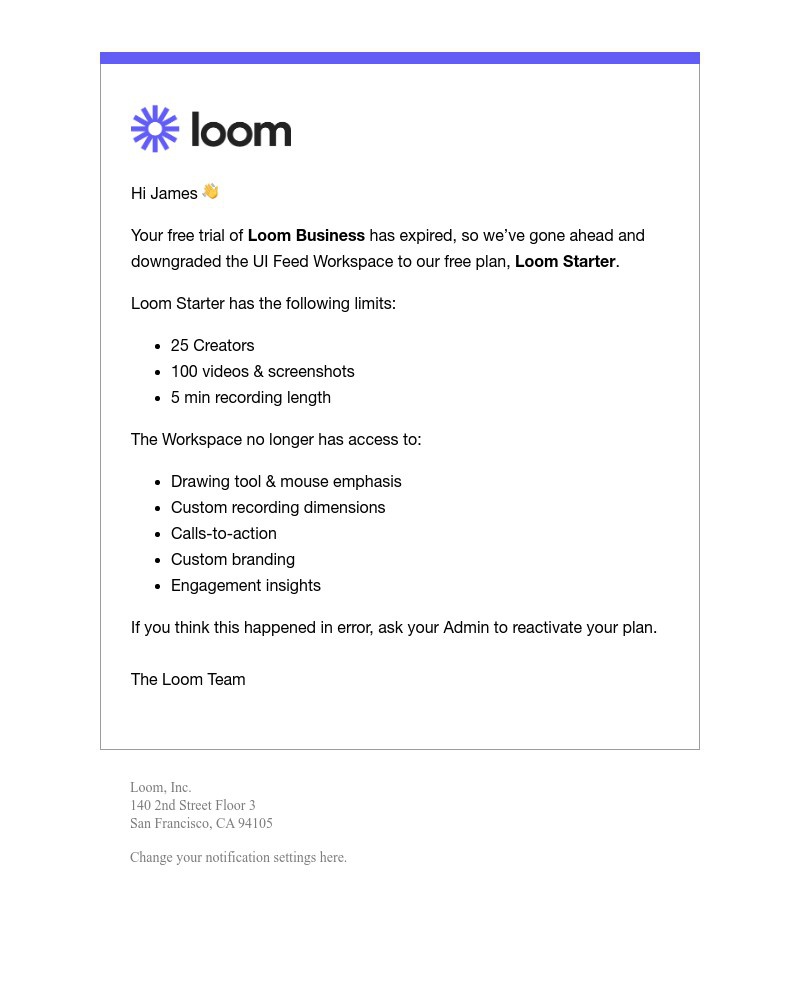 Loom - UI Feed has been downgraded to Loom Starter