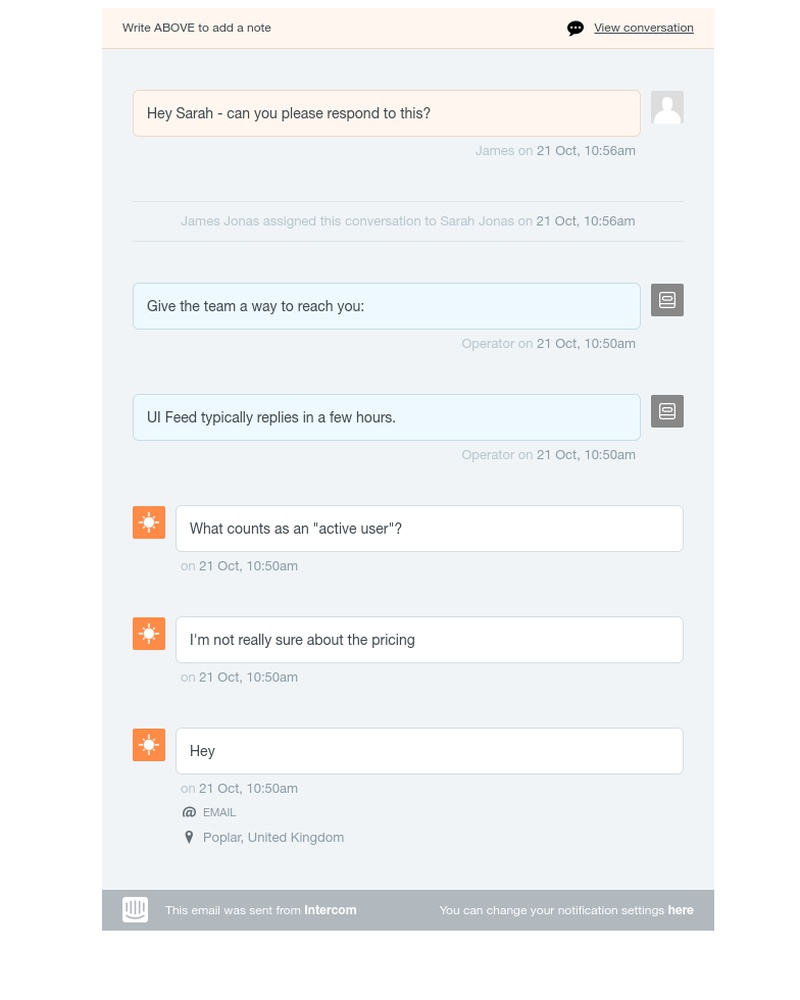Intercom - UI Feed: James Jonas added a note to a conversation with Orange Sunshine from Poplar