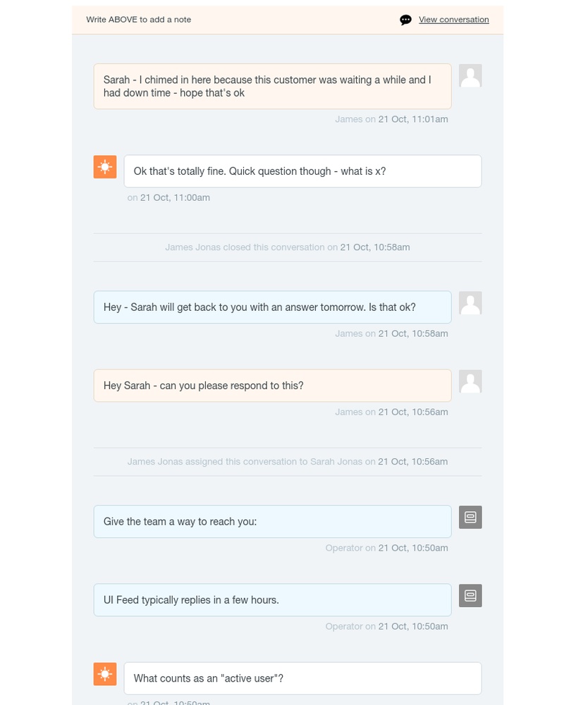 Intercom - UI Feed: James Jonas added a note to a conversation with Orange Sunshine from Poplar