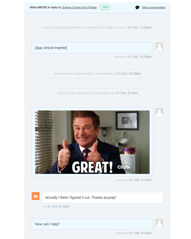 Intercom - UI Feed: James Jonas assigned a conversation with Orange Crown from Poplar to you