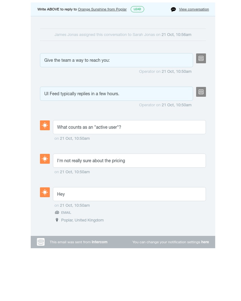 Intercom - UI Feed: James Jonas assigned a conversation with Orange Sunshine from Poplar to you