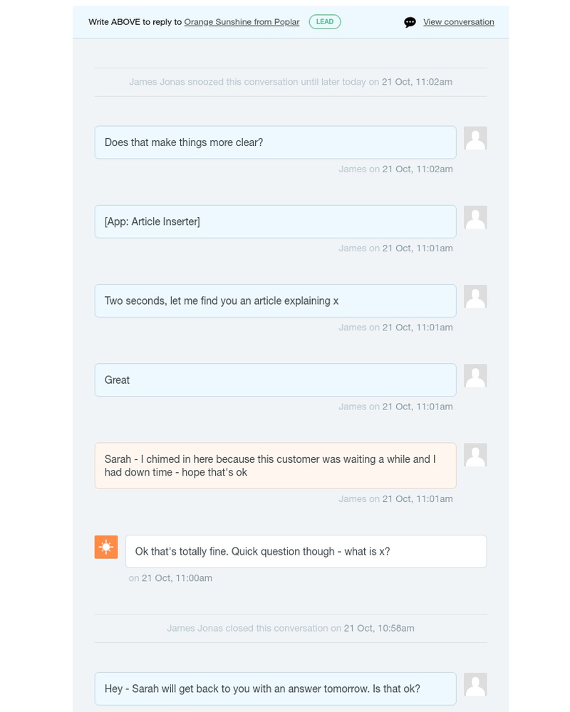 Intercom - UI Feed: James Jonas snoozed a conversation with Orange Sunshine from Poplar