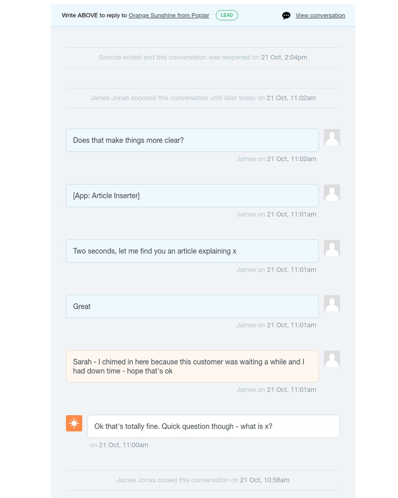 Intercom - UI Feed: Snooze ended and the conversation with Orange Sunshine from Poplar was reopened