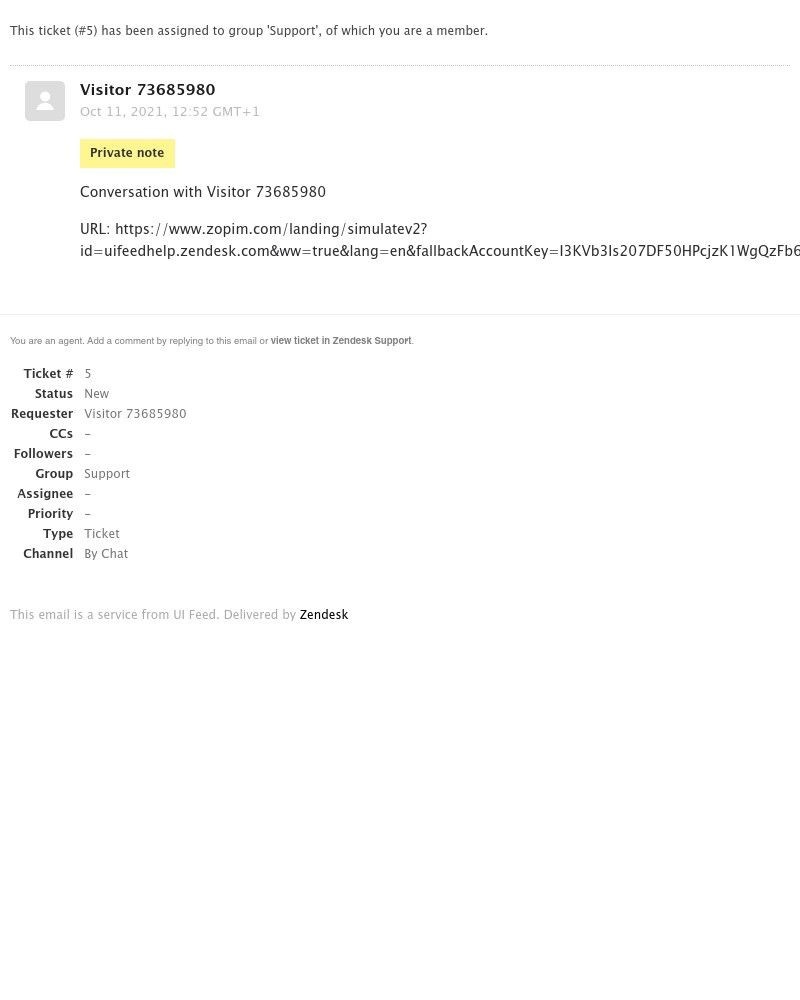 Zendesk - [UI Feed] "Support" assignment: Conversation with Visitor 73685980