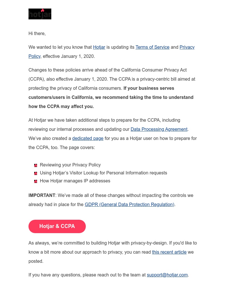 Hotjar - Updated Terms of Service & preparation for CCPA