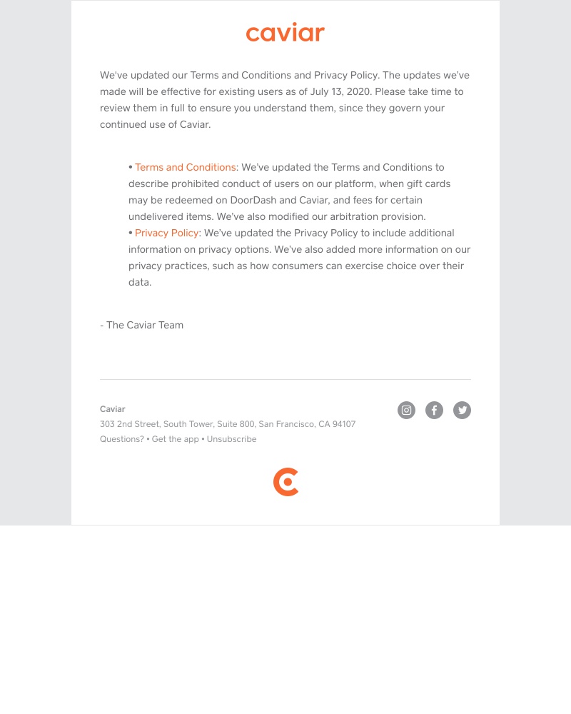  - Updates to Caviar's terms and conditions + privacy policy