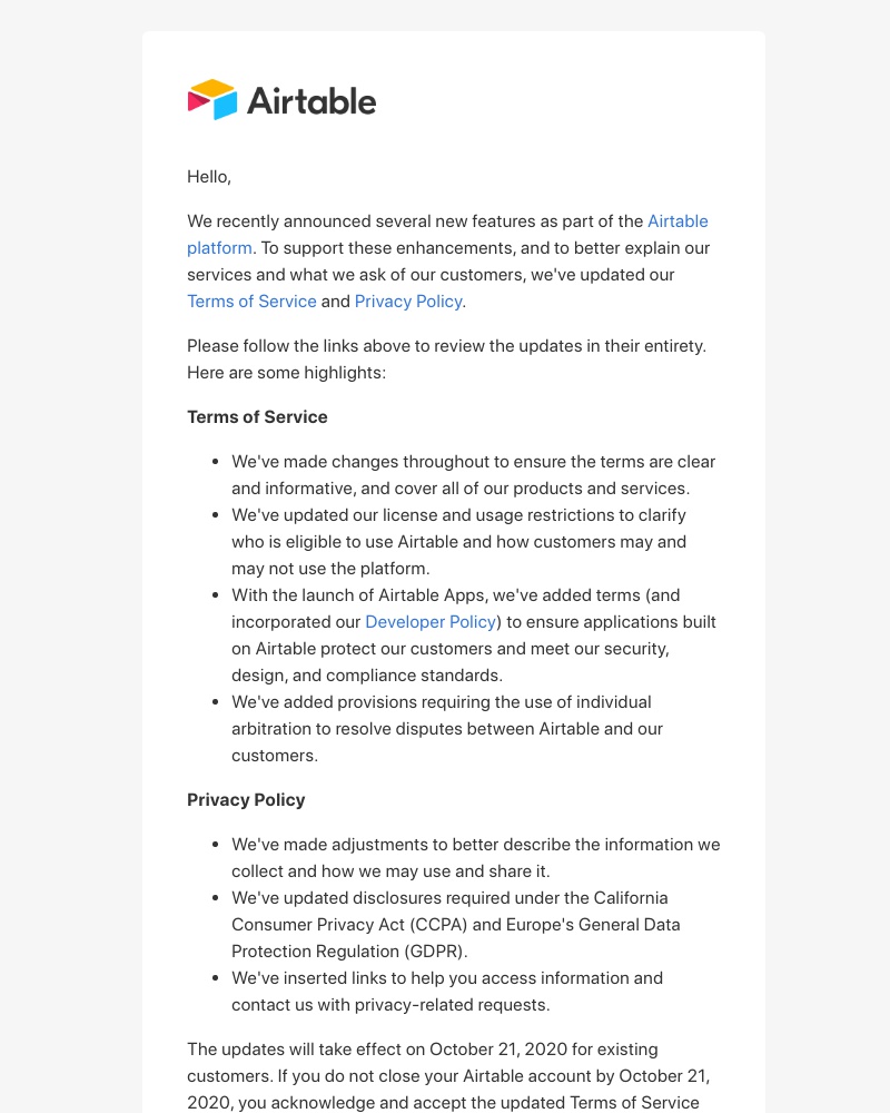 Airtable - Updates to our Terms of Service and Privacy Policy