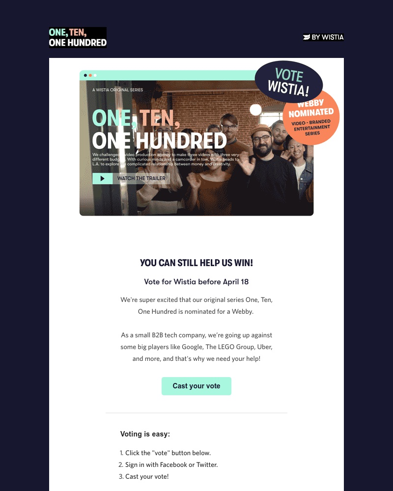 Wistia - Voting ends soon! You've got the power to help us win a Webby Award 🏆