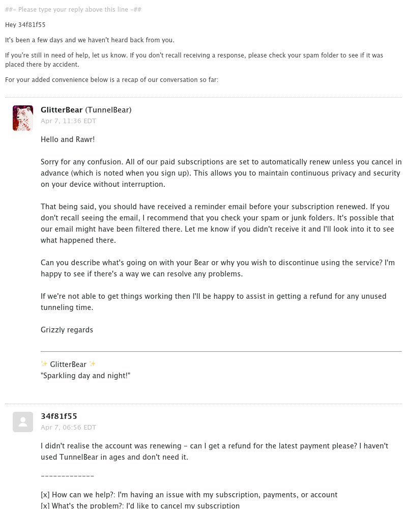  - We haven't heard you roar - Ticket 219283 - [TB] I didn't realise the account was renewing -