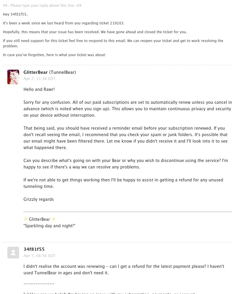  - We haven't heard you roar - Ticket 219283 - [TB] I didn't realise the account was renewing -