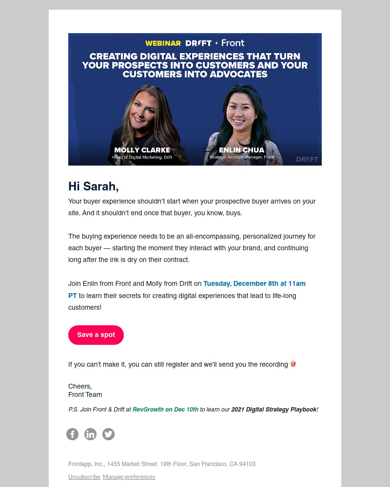 Front - Webinar: Front & Drift | Turn your prospects into customers and your customers into advocates