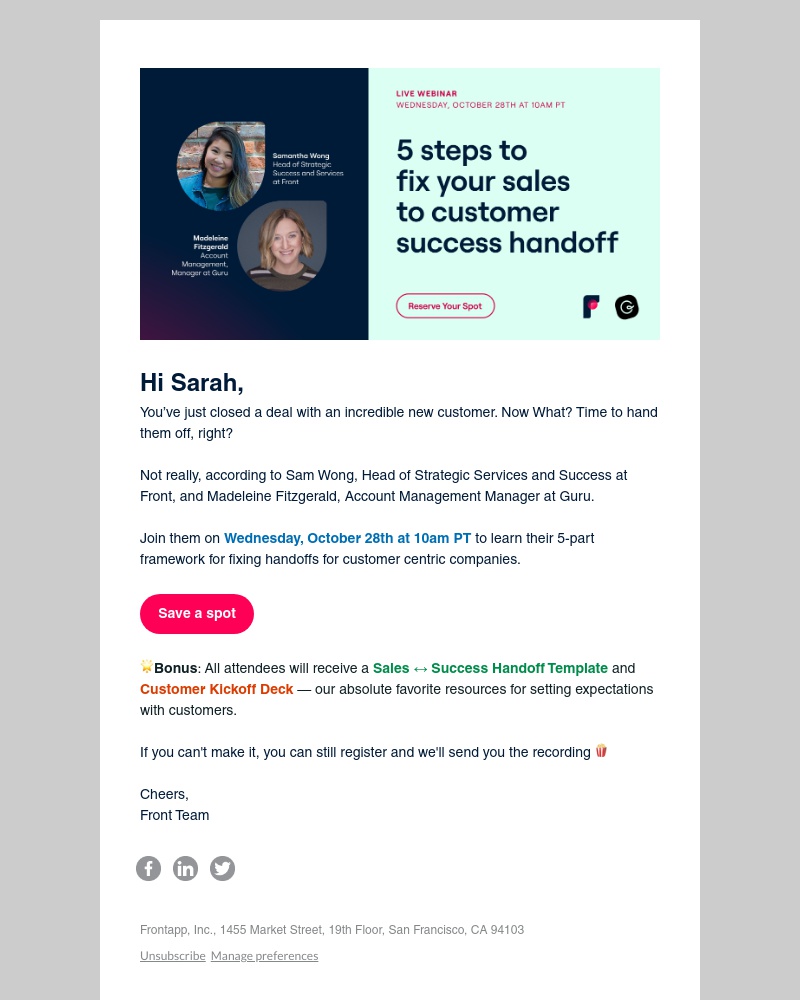 Front - Webinar | Front & Guru: 5 Steps to Fix your Sales ↔ Success Handoff