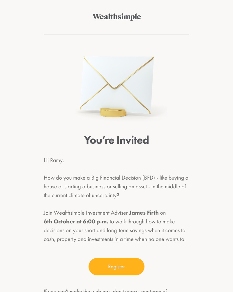Wealthsimple - Webinar Invite: How to make Big Financial Decisions - 6th October