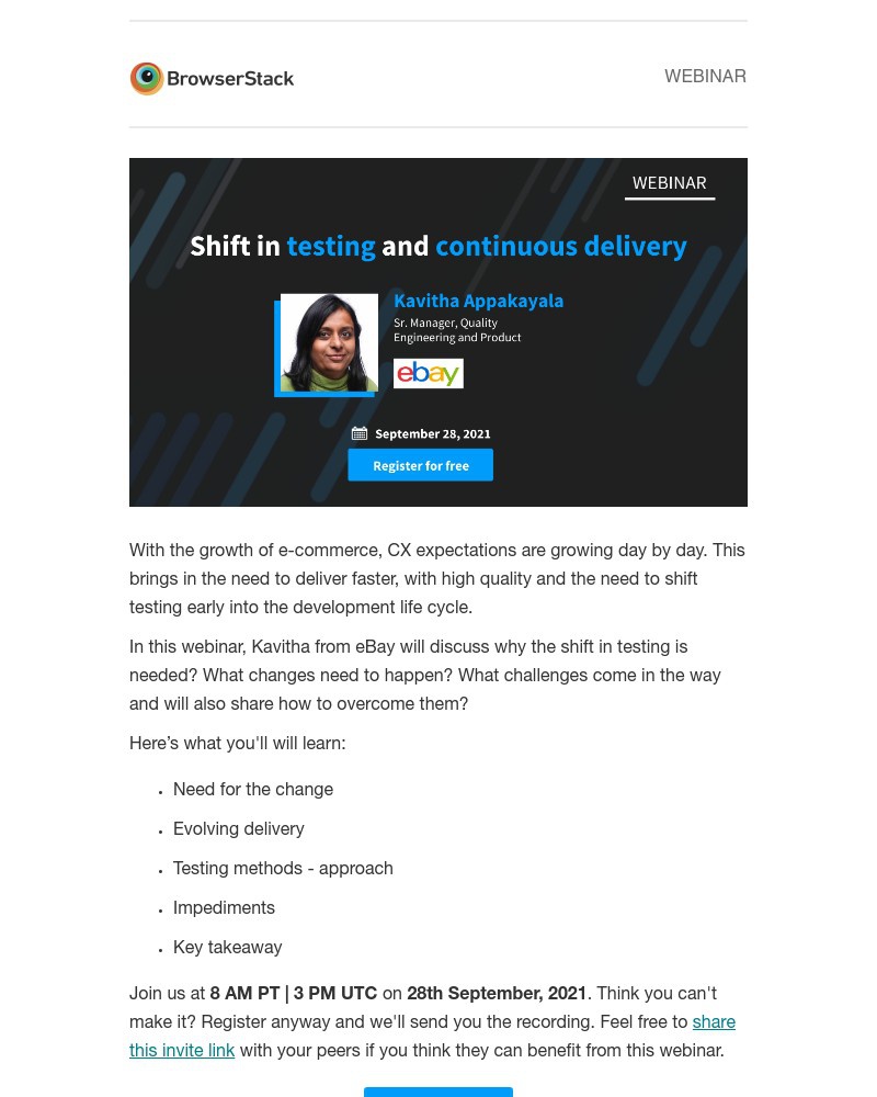  - Webinar: Shift in testing and continuous delivery with Kavitha from eBay