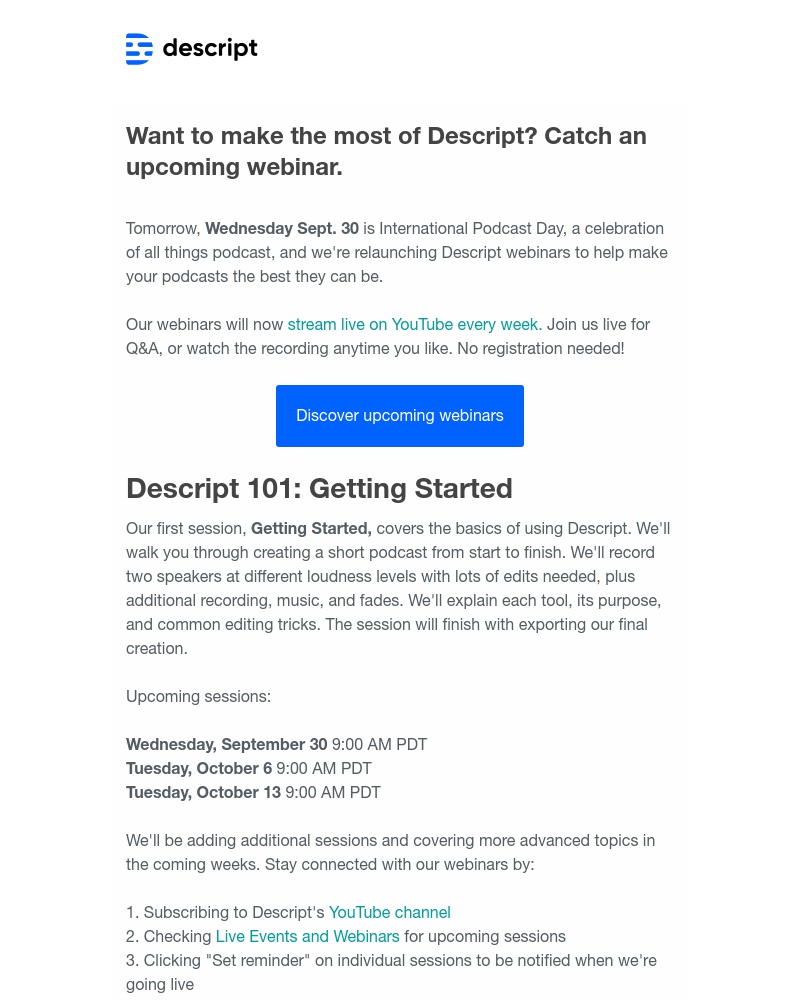 Descript - Weekly webinars are back — now on YouTube, no registration needed