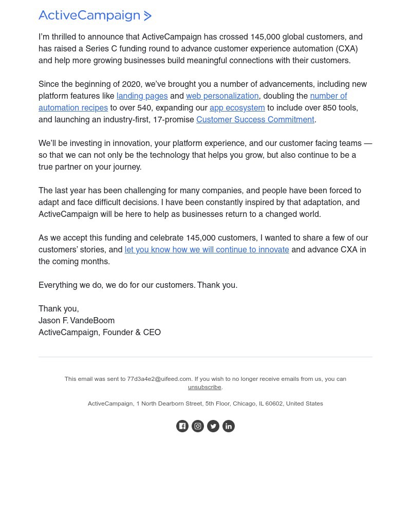  - Welcoming 145,000 customers to ActiveCampaign