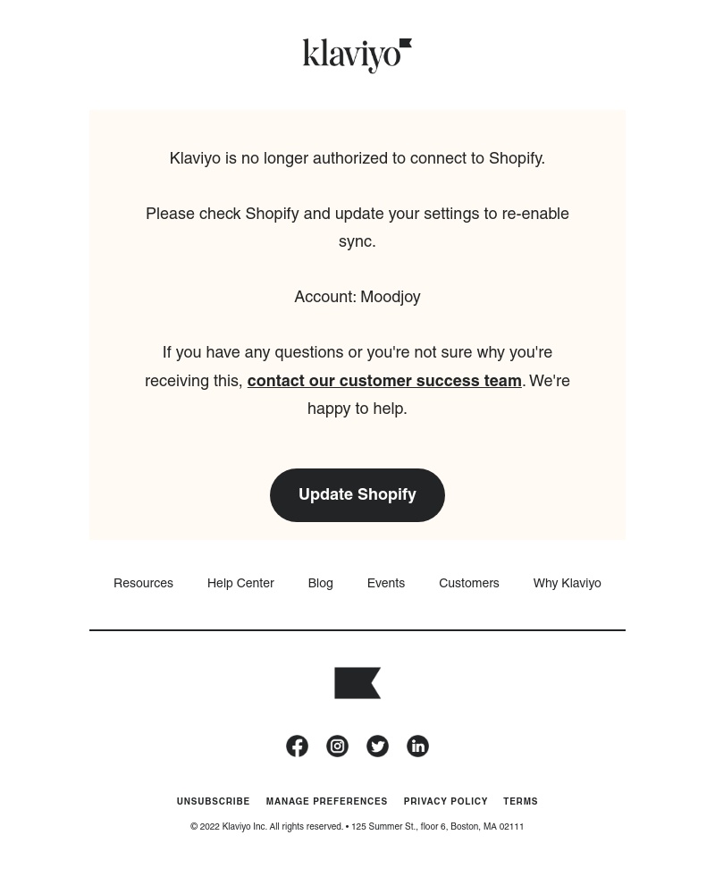 Klaviyo - We're having trouble with your Shopify integration