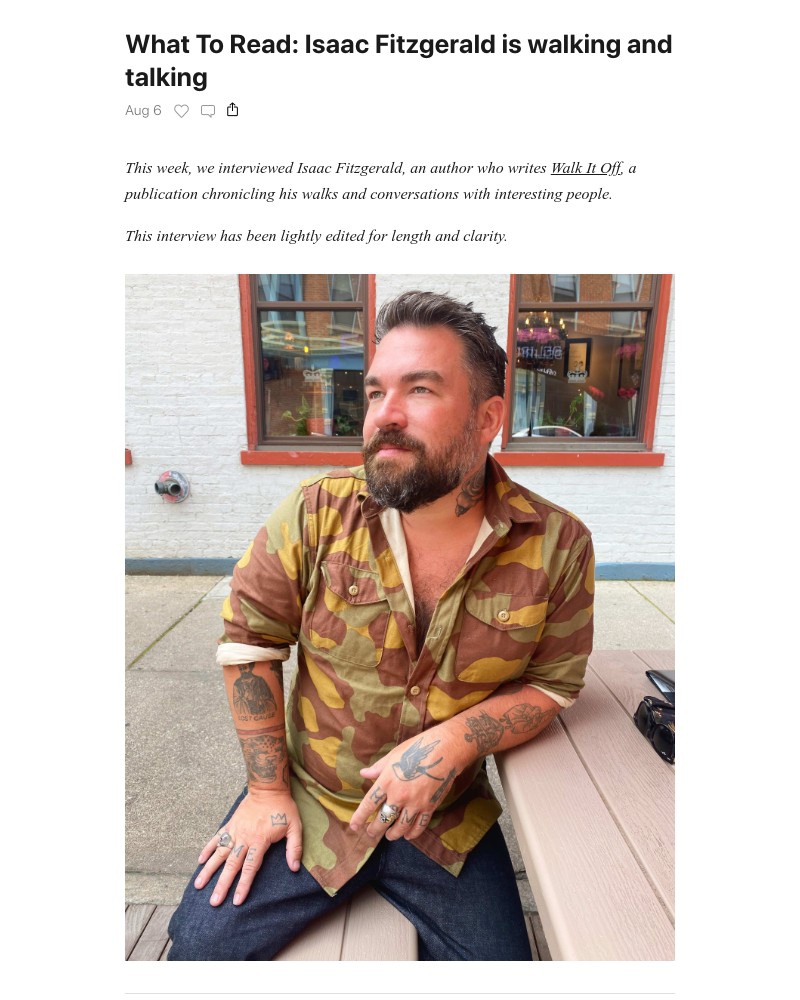 Substack - What To Read: Isaac Fitzgerald is walking and talking