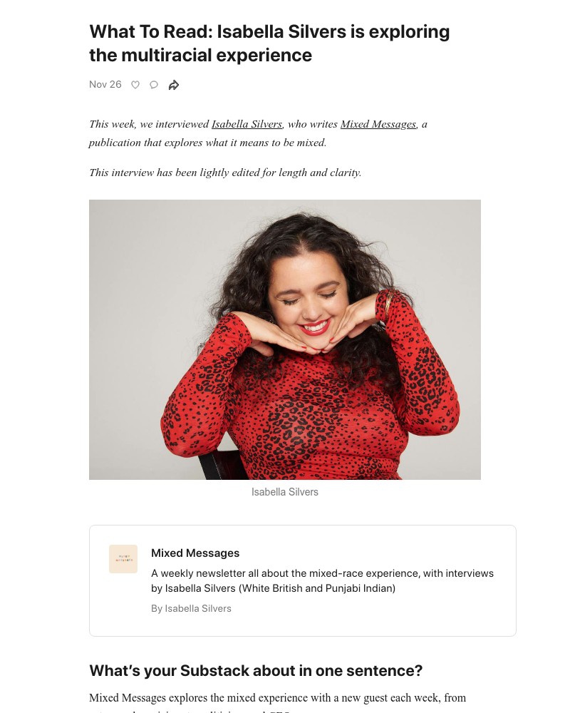 Substack - What To Read: Isabella Silvers is exploring the multiracial experience
