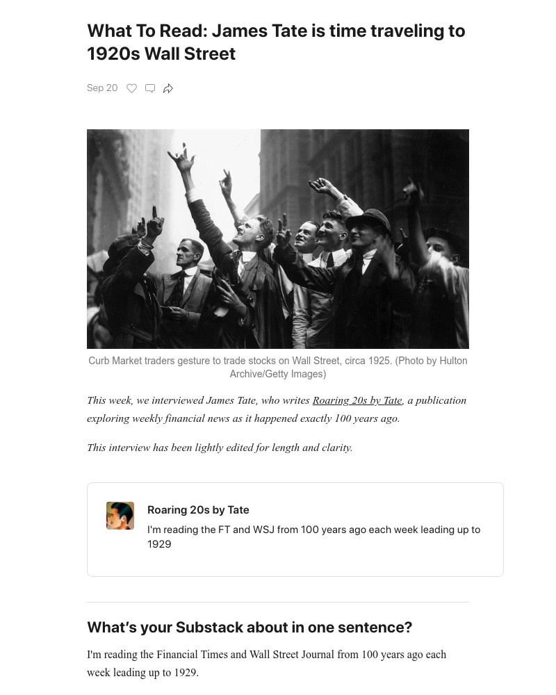 Substack - What To Read: James Tate is time traveling to 1920s Wall Street