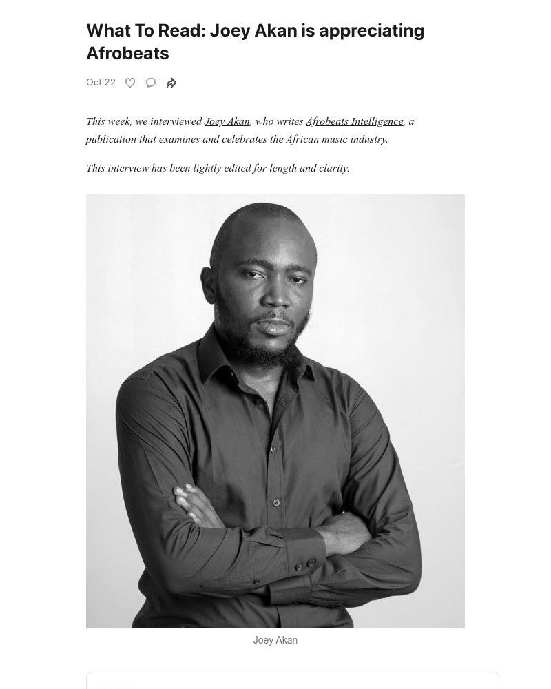 Substack - What To Read: Joey Akan is appreciating Afrobeats