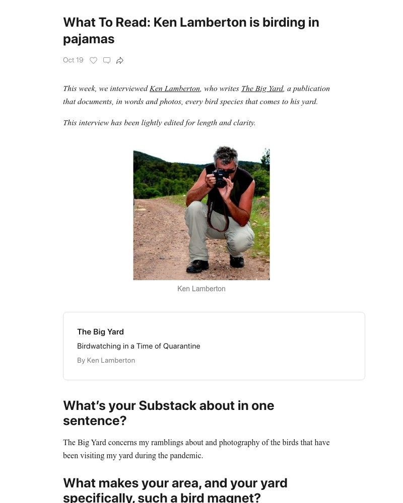 Substack - What To Read: Ken Lamberton is birding in pajamas