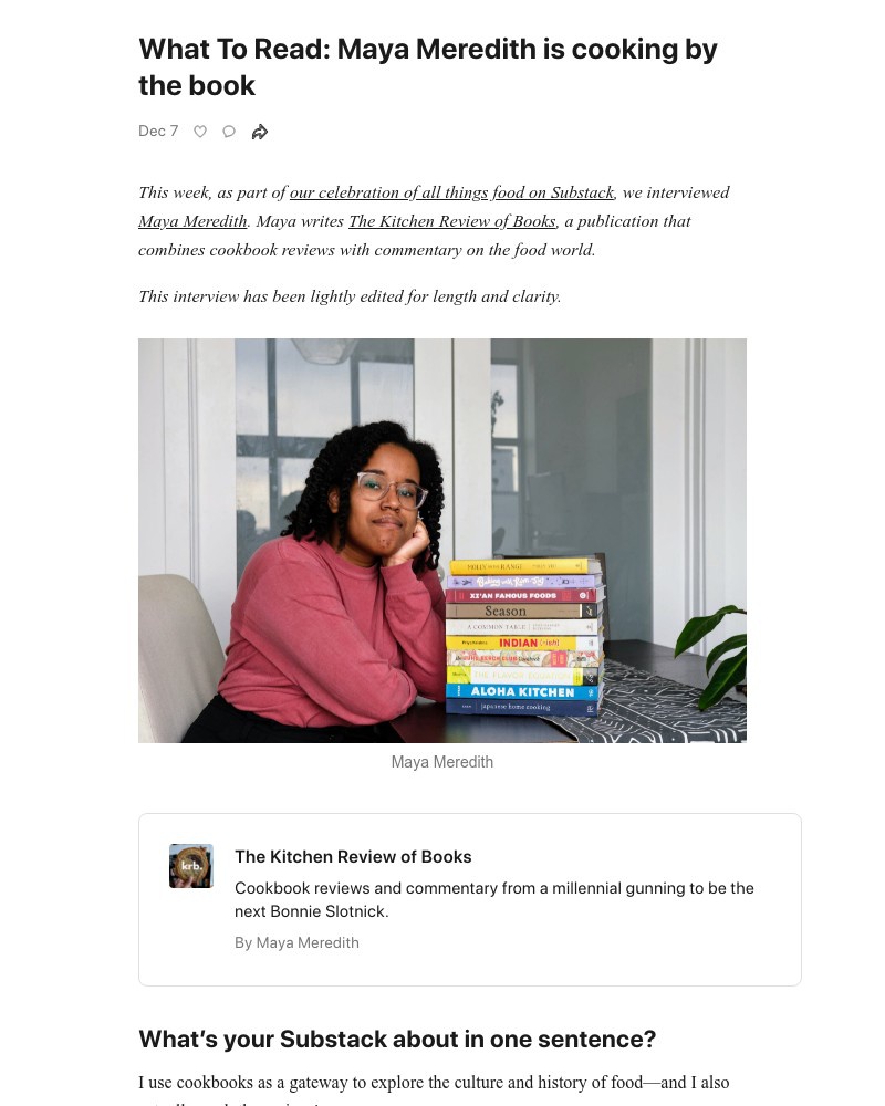 Substack - What To Read: Maya Meredith is cooking by the book
