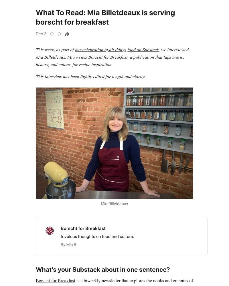 Substack - What To Read: Mia Billetdeaux is serving borscht for breakfast