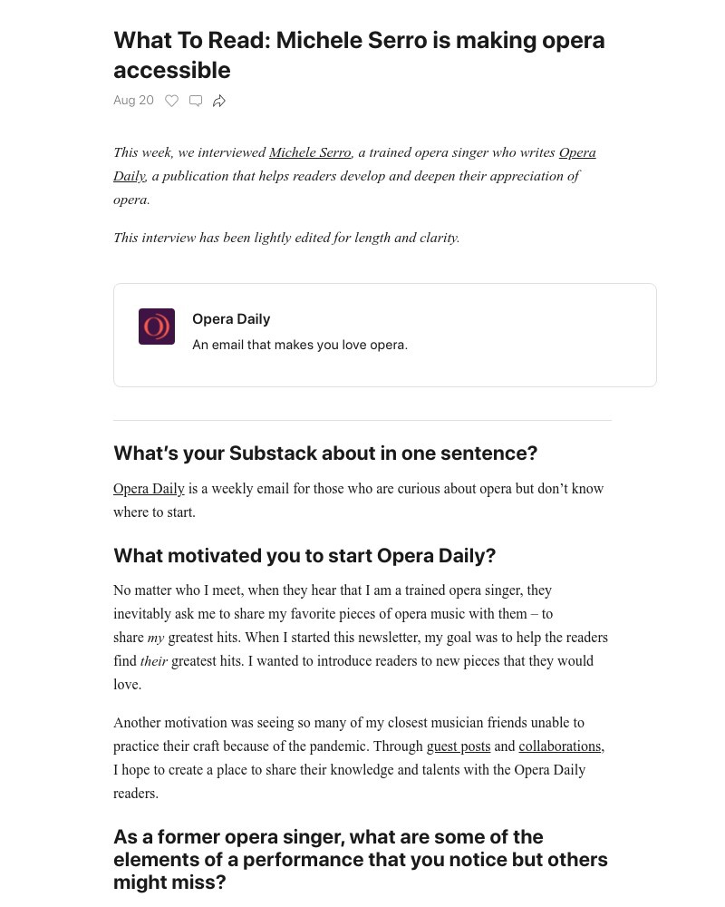 Substack - What To Read: Michele Serro is making opera accessible
