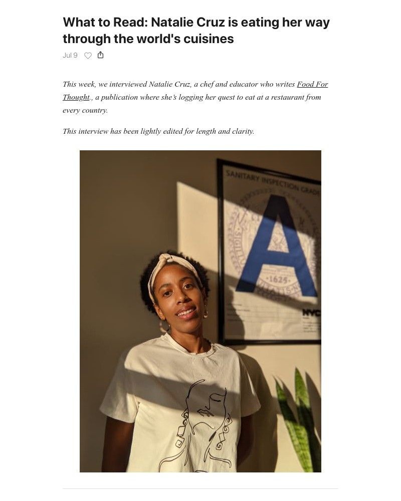 Substack - What to Read: Natalie Cruz is eating her way through the world's cuisines