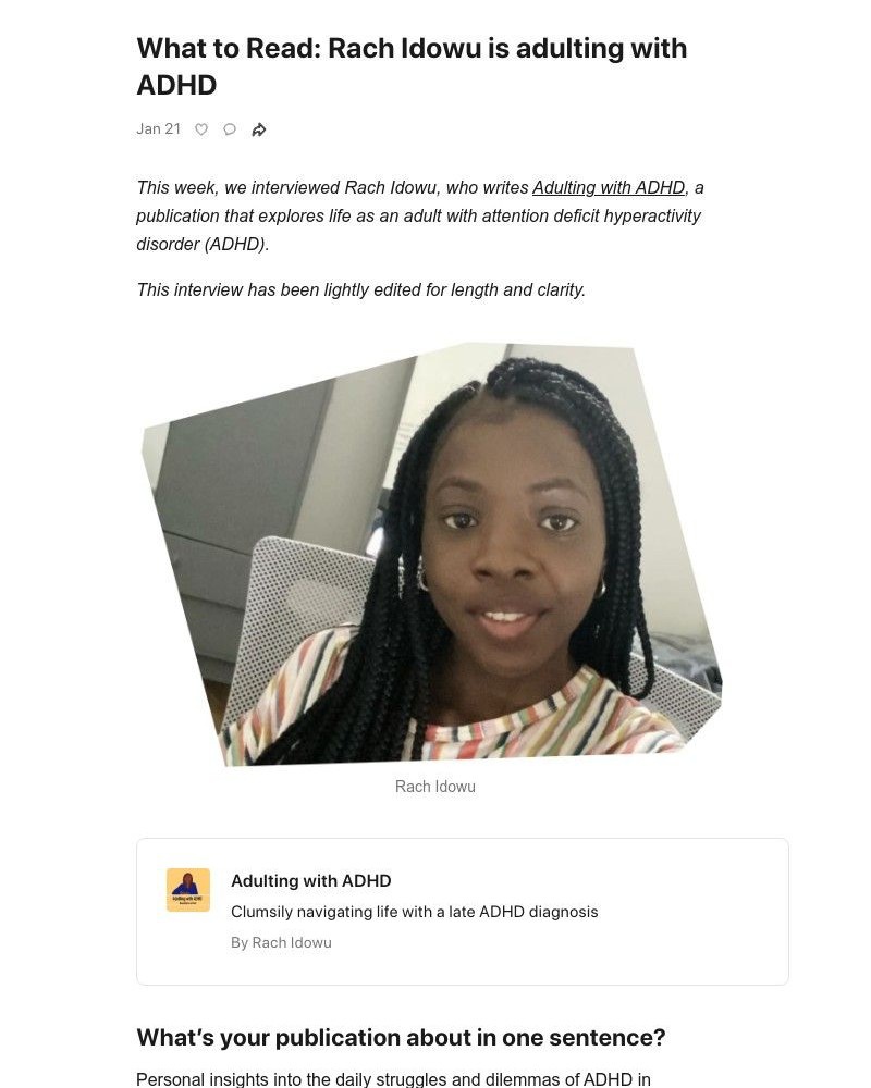 Substack - What to Read: Rach Idowu is adulting with ADHD