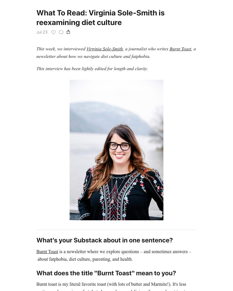 Substack - What To Read: Virginia Sole-Smith is reexamining diet culture