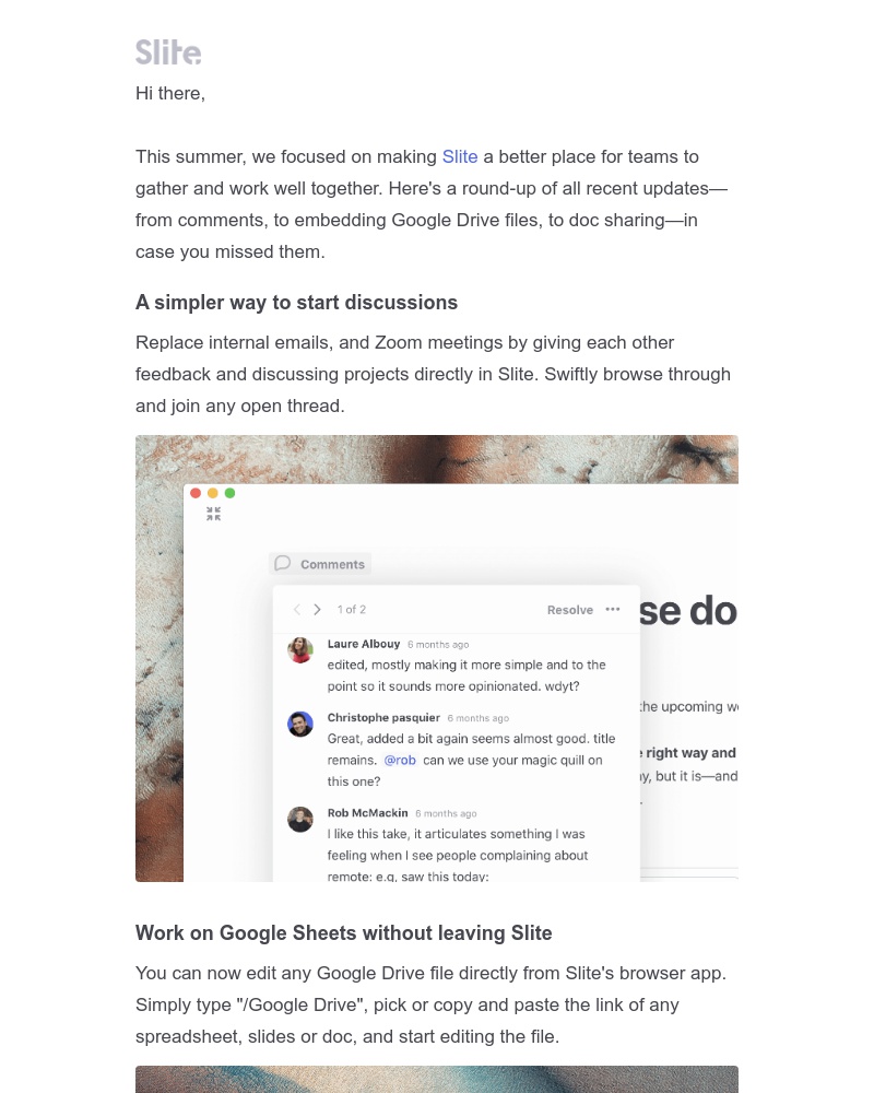 Slite - What's new in Slite: start discussions, work in Google Sheets, and more
