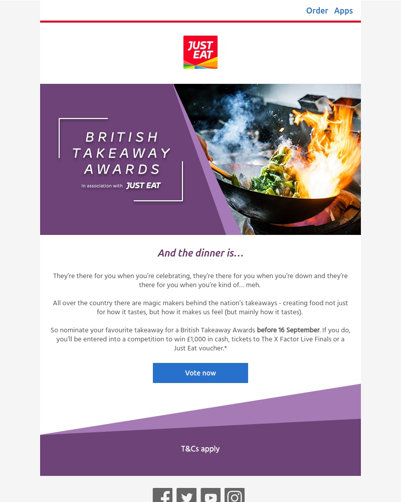 Just Eat - Win £1000 by voting for your fave takeaway