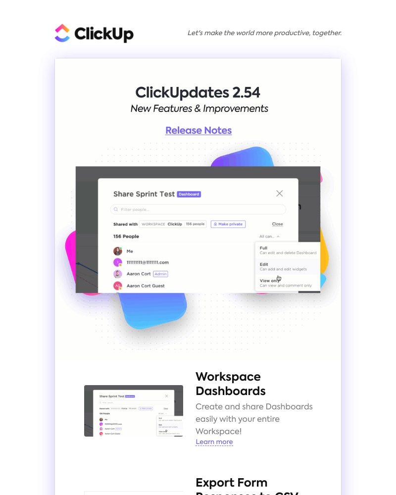 ClickUp - Workspace Dashboards 📄 Export Form Responses to CSV 📲 Mobile Time Tracking V2 🌈 More Colors in Docs ➕ More! 