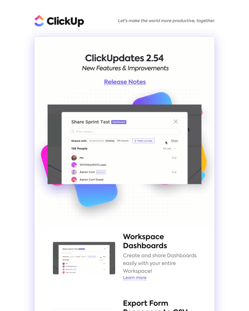 ClickUp - Workspace Dashboards 📄 Export Form Responses to CSV 📲 Mobile Time Tracking V2 🌈 More Colors in Docs ➕ More! 
