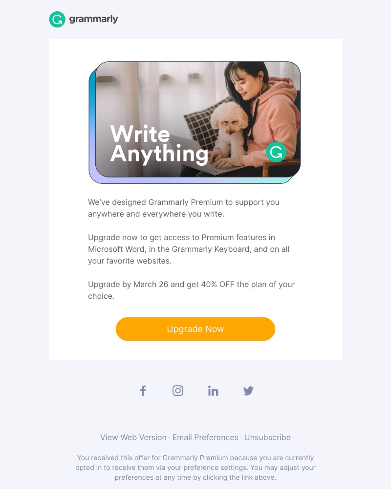 Grammarly - Write where you are. Upgrade today for 40% OFF any annual plan